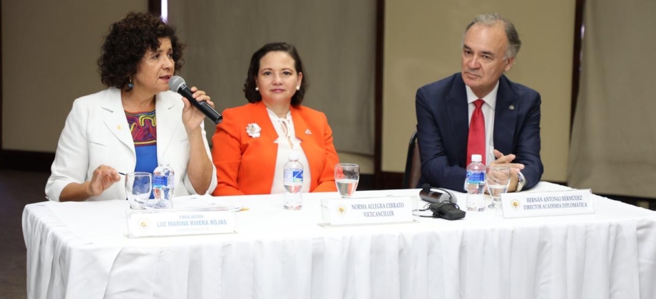 Foto de la Embajadora Luz Marina Rivera en la charla sobre Economía Naranja en la Academia Diplomática de Honduras